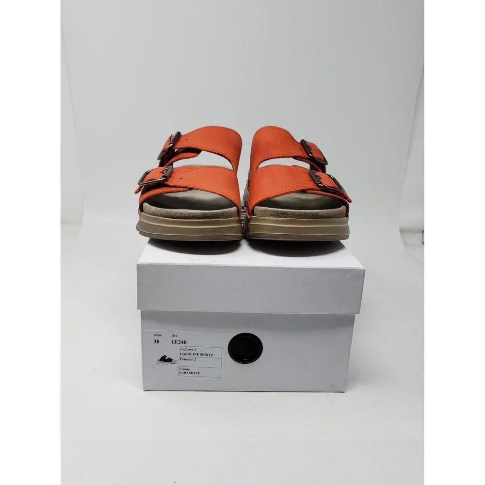 Lofina Womens Orange Leather Double Buckle Slide Sandals 1E240 Size 38 US 7.5